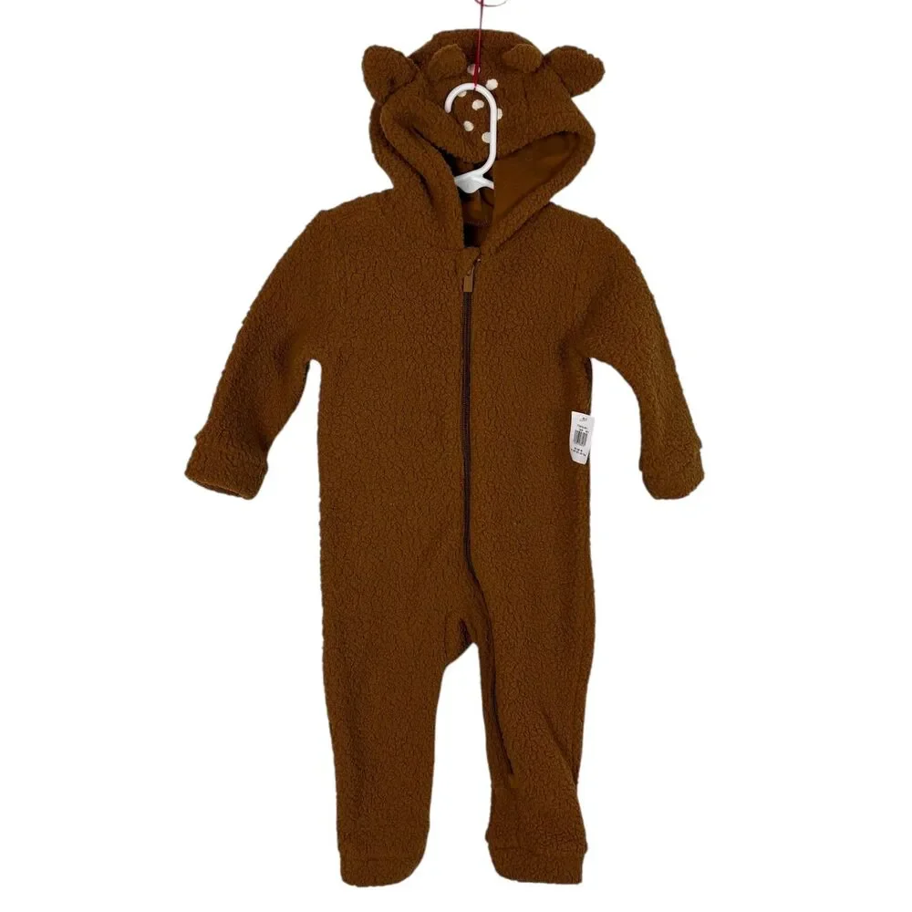 NWT Old Navy Sherpa Deer Hood One-Piece Bunting Brown Boy Girl Baby 18-24 Months
